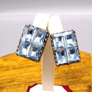 Vintage Glam Geometric Earrings, Blue Foil Backed Rhinestones Sparkle in Silver